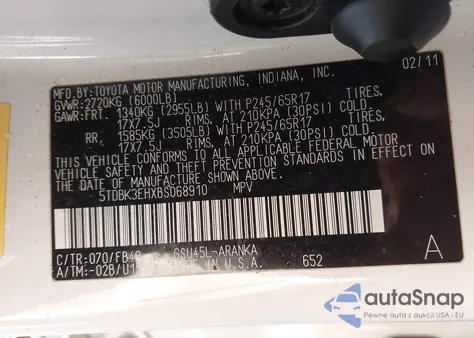 2011 Toyota Highlander Base V6 из США, поврежденный, VIN 5TDBK3EHXBS068910